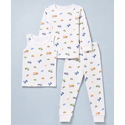 Babyhug Knit Full Sleeves Vehicles Printed Co-Ords Three Piece Pullover Vest & Pant Thermal Inner Wear Set - White