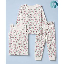 Babyhug Cotton Knit Full Sleeves Pullovers & Legging Thermal Inner Wear With Floral Print - White