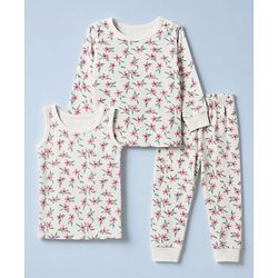Babyhug Cotton Knit Full Sleeves Pullovers & Legging Thermal Inner Wear With Floral Print - White