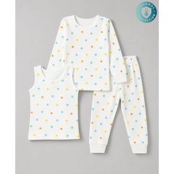 Babyhug Knit Full Sleeves Star Printed Co-Ords Pullover Vest & Leggings Thermal Inner Wear Set With Vest - White