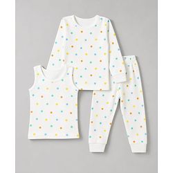 Babyhug Knit Full Sleeves Star Printed Co-Ords Pullover Vest & Leggings Thermal Inner Wear Set With Vest - White