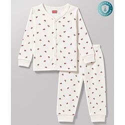 Babyhug Knit Full Sleeves Berry Printed Co-Ords Thermal Inner Wear Set -Off White