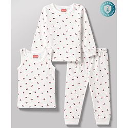 Babyhug Knit Full Sleeves Berry Printed Co-Ords Thermal Inner Wear Set with Vest -Off White