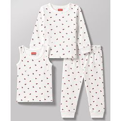 Babyhug Knit Full Sleeves Berry Printed Co-Ords Thermal Inner Wear Set with Vest -Off White