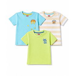 Babyhug 100% Cotton Knit Half Sleeves Striped & Animal Printed T-Shirts Pack of 3 - Light Blue Green & Beige