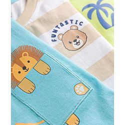 Babyhug 100% Cotton Knit Half Sleeves Striped & Animal Printed T-Shirts Pack of 3 - Light Blue Green & Beige