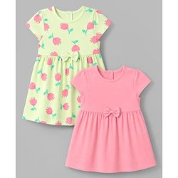 Babyhug Cotton Knit Half Sleeves Frocks with Floral Print Pack of 2 - Lemon Yellow & Pink