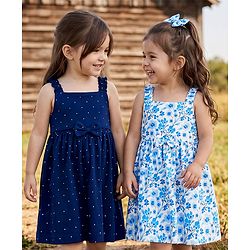 Babyhug Single Jersey Knit Sleeveless Polka Dots & Floral Printed Frocks With Bow Applique Pack Of 2 - Navy Blue & Light Blue
