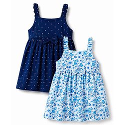 Babyhug Single Jersey Knit Sleeveless Polka Dots & Floral Printed Frocks With Bow Applique Pack Of 2 - Navy Blue & Light Blue