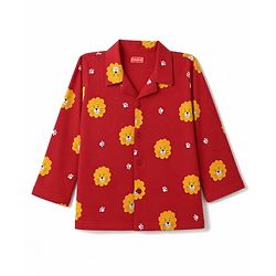 Babyhug 100% Cotton Knit Full Sleeves Co-Ords Shirt & Pyjama Night Suit with Lion & Paw Print - Maroon