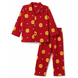 Babyhug 100% Cotton Knit Full Sleeves Co-Ords Shirt & Pyjama Night Suit with Lion & Paw Print - Maroon