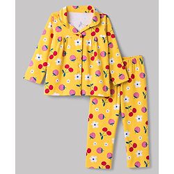 Babyhug 100% Cotton Knit Full Sleeves Co-Ords Shirt & Pyjama Night Suit with Floral & Tropical Print - Yellow