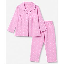 Babyhug 100% Cotton Knit Full Sleeves Co-Ords Shirt & Pyjama Night Suit with Star Print - Pink