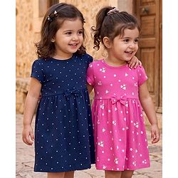Babyhug Single Jersey Knit Half Sleeves Polka Dot & Floral Printed Frock With Bow Applique Pack of 2 - Pink & Navy Blue