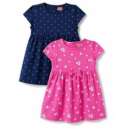 Babyhug Single Jersey Knit Half Sleeves Polka Dot & Floral Printed Frock With Bow Applique Pack of 2 - Pink & Navy Blue