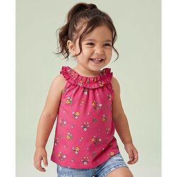 Babyhug 100% Cotton Knit Sleeveless Floral Printed Top - Dark Pink