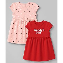 Babyhug Single Jersey Knit Half Sleeves Frock With Hearts & Daddy' Girl Print Pack Of 2 - Red & Peach