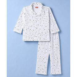Babyhug 100% Cotton Knit Full Sleeves Front Open Co-Ords Doted Printed Shirt & Pajama Night Suit - White