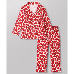 Babyhug 100% Cotton Knit Full Sleeves Co-Ords Shirt & Pyjama Night Suit with Heart Print - Red
