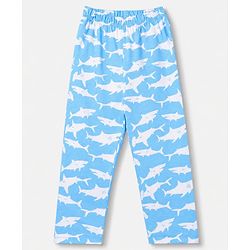 Babyhug 100% Cotton Knit Full Sleeves Co-Ords Shirt & Pyjama Night Suit with Shark Print - Sky Blue
