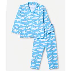 Babyhug 100% Cotton Knit Full Sleeves Co-Ords Shirt & Pyjama Night Suit with Shark Print - Sky Blue