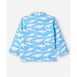 Babyhug 100% Cotton Knit Full Sleeves Co-Ords Shirt & Pyjama Night Suit with Shark Print - Sky Blue