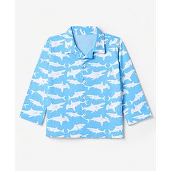Babyhug 100% Cotton Knit Full Sleeves Co-Ords Shirt & Pyjama Night Suit with Shark Print - Sky Blue