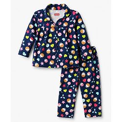 Babyhug 100% Cotton Knit Full Sleeves Shirt & Pyjama Night Suit with Cup Cake Print - Navy Blue