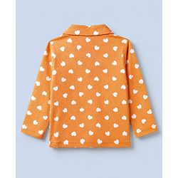 Babyhug Cotton Knit Full Sleeves Front Open Co-ord Shirt & Pajama Night Suit with Hearts Print - Orange