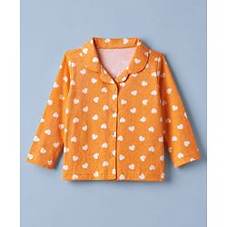 Babyhug Cotton Knit Full Sleeves Front Open Co-ord Shirt & Pajama Night Suit with Hearts Print - Orange