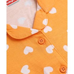 Babyhug Cotton Knit Full Sleeves Front Open Co-ord Shirt & Pajama Night Suit with Hearts Print - Orange