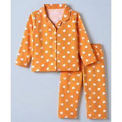 Babyhug Cotton Knit Full Sleeves Front Open Co-ord Shirt & Pajama Night Suit with Hearts Print - Orange