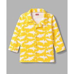 Babyhug 100% Cotton Knit Full Sleeves Front Open Co-Ords Shark Printed Shirt & Pajama Night Suit - Yellow