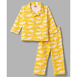 Babyhug 100% Cotton Knit Full Sleeves Front Open Co-Ords Shark Printed Shirt & Pajama Night Suit - Yellow