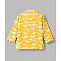 Babyhug 100% Cotton Knit Full Sleeves Front Open Co-Ords Shark Printed Shirt & Pajama Night Suit - Yellow