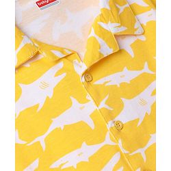 Babyhug 100% Cotton Knit Full Sleeves Front Open Co-Ords Shark Printed Shirt & Pajama Night Suit - Yellow
