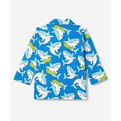 Babyhug 100% Cotton Knit Full Sleeves Front Open Co-Ords Shark Printed Shirt & Pajama Night Suit - Blue