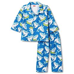 Babyhug 100% Cotton Knit Full Sleeves Front Open Co-Ords Shark Printed Shirt & Pajama Night Suit - Blue