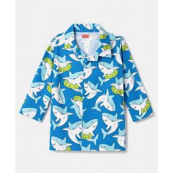 Babyhug 100% Cotton Knit Full Sleeves Front Open Co-Ords Shark Printed Shirt & Pajama Night Suit - Blue