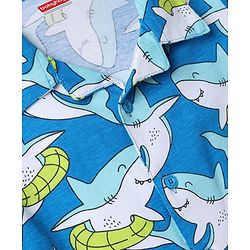 Babyhug 100% Cotton Knit Full Sleeves Front Open Co-Ords Shark Printed Shirt & Pajama Night Suit - Blue