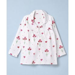 Babyhug 100% Cotton Knit Full Sleeves Co-Ords Front Open Shirt & Pyjama NIght Suit with Heart Print - White