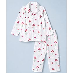 Babyhug 100% Cotton Knit Full Sleeves Co-Ords Front Open Shirt & Pyjama NIght Suit with Heart Print - White