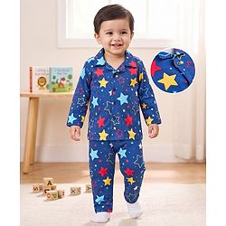 Babyhug 100% Cotton Knit Full Sleeves Co-Ords Shirt & Pajama Night Suit Star Print - Navy