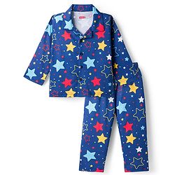 Babyhug 100% Cotton Knit Full Sleeves Co-Ords Shirt & Pajama Night Suit Star Print - Navy