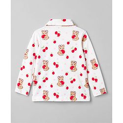 Babyhug 100% Cotton Knit Full Sleeves Front Open Co-ord Top & Pyjama Night Suit with Teddy & Cherry Print - White