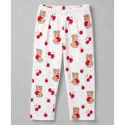 Babyhug 100% Cotton Knit Full Sleeves Front Open Co-ord Top & Pyjama Night Suit with Teddy & Cherry Print - White