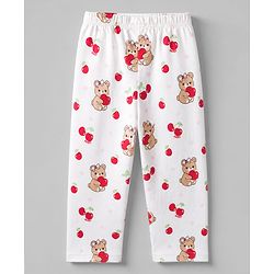 Babyhug 100% Cotton Knit Full Sleeves Front Open Co-ord Top & Pyjama Night Suit with Teddy & Cherry Print - White