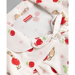 Babyhug 100% Cotton Knit Full Sleeves Front Open Co-ord Top & Pyjama Night Suit with Teddy & Cherry Print - White