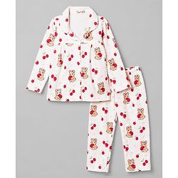 Babyhug 100% Cotton Knit Full Sleeves Front Open Co-ord Top & Pyjama Night Suit with Teddy & Cherry Print - White
