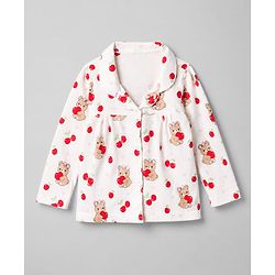 Babyhug 100% Cotton Knit Full Sleeves Front Open Co-ord Top & Pyjama Night Suit with Teddy & Cherry Print - White
